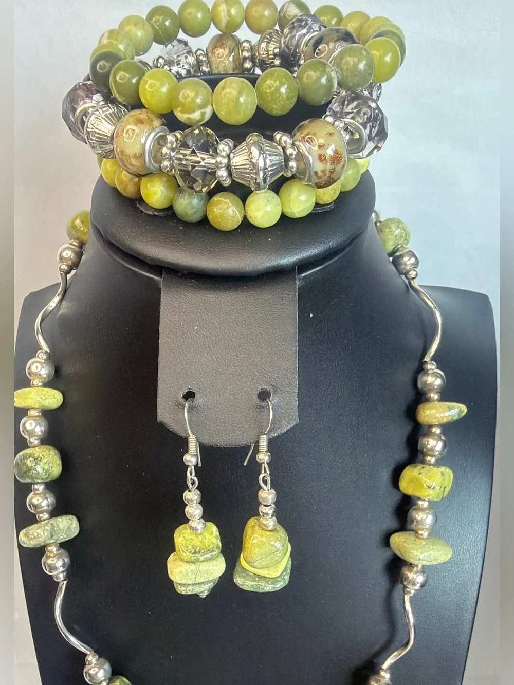 Serpentine Gemstone Beaded Jewelry Set, Necklace, Bracelet Bundle & Earrings
